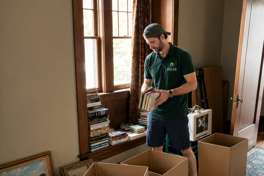A Miller Estate Solutions team member sorting books and artwork for an estate sale