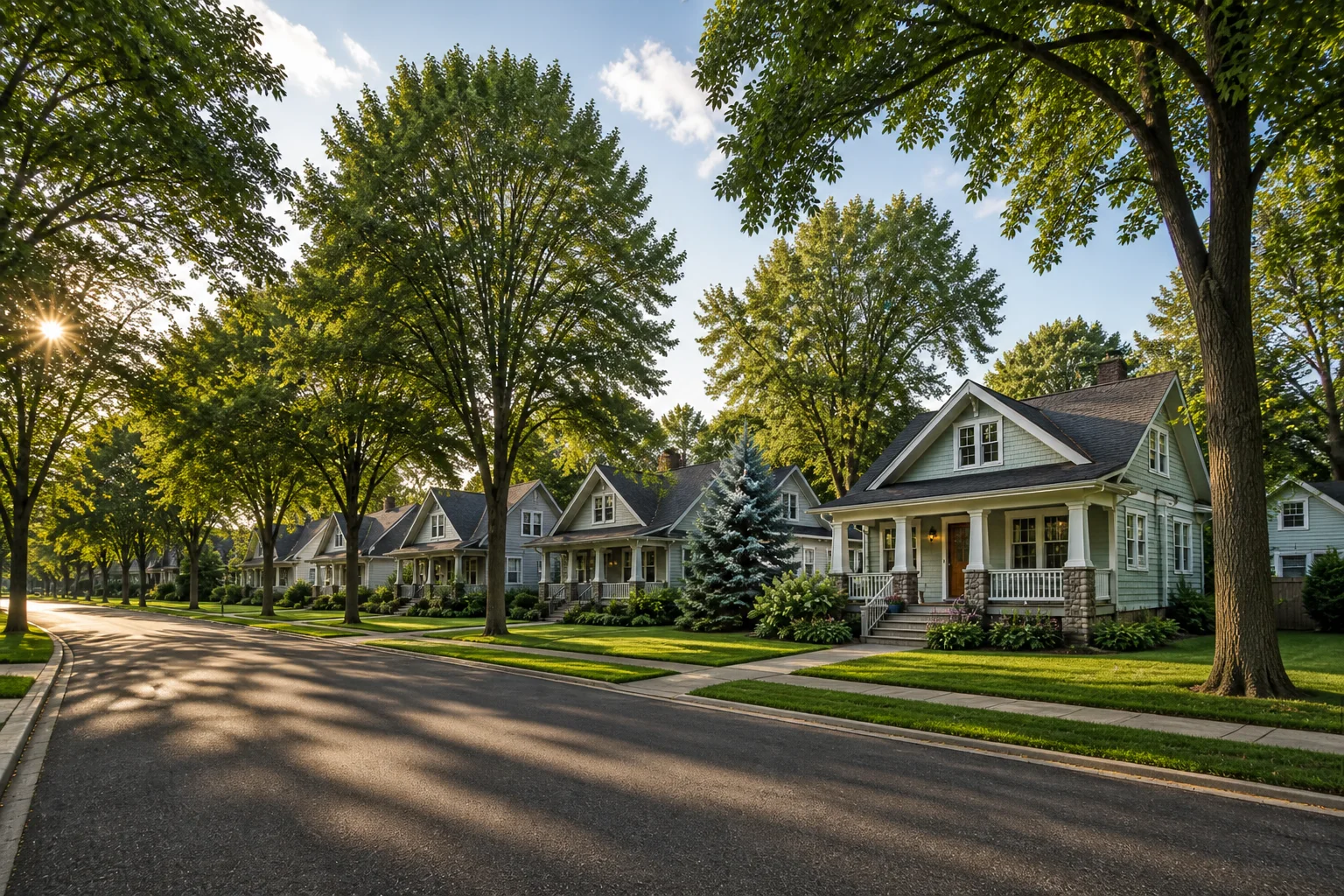 A tree-lined Minnesota street of craftsman homes on a summer morning